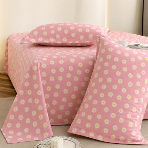 Image of Marrow Lane 300 TC Soft Air Cotton Double Bedsheet | Daisy Meadow | Flatsheet with 2 Pillow Covers | Pink Floral Print (228.6 x 254 cm, Pink & White)
