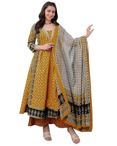 Image of ANNI Designer Women's Pure Cotton Anarkali Kurta Set for Women with Dupatta & Plazzo - Hand Block Print Suit Set | Stylish Dress | Cotton Kurta Set for Women