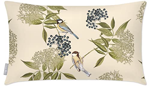 Izabela Peters Waterproof Outdoor Cushions - Bird on Elderflower Pattern, 50 x 30 cm, Filled Seat Cushions for Garden Furniture in Ivory Cream