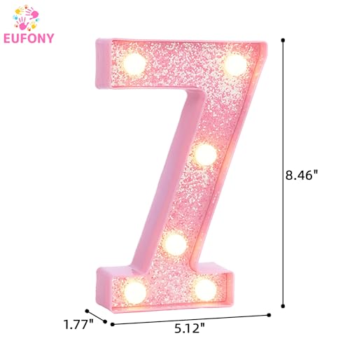 Image of Pink Light Up Marquee Numbers, Glitter LED Number Lights Signs Battery Operated for Girls 7th 17th 27th Pink Birthday Party Table Decorations, 8 Inch Tall Number 7 with Warm White Lights