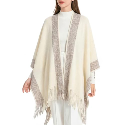 ZLYC Poncho doux et simple pour femme - Pull cardigans rétro, uni, crème, blanc, taille unique