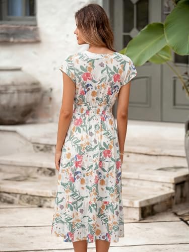 Image of BerryGo Women's Floral Boho Ruffle Summer Midi Dress Short Sleeve V Neck Empire Waist Swing Flowy Dress