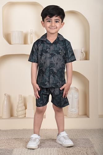 Image of POLKA TOTS Cotton Boys Summer T-shirts and Shorts Combo Set | Premium Printed Shirt & Shorts Combo | Relaxed Fit | Summer Toddler Outfit for Kids | Co-Ord Set For Boys | Tropical Print | Black 3-4 Y