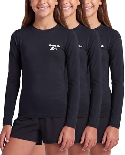 Image of Reebok 3 Pack: Girls' Long Sleeve Rashguard Swim Shirt, UPF Sun Protection Rasghguard Swimsuit for Kids Teens Tweens