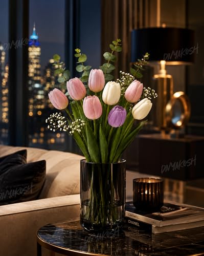 Image of Divyakosh Artificial Flowers for Vase (Vase Not Included) - Luxury Tulip Flower Bouquet with Eucalyptus & Baby's Breath, Faux Floral Arrangement for Home Decor, Living Room, Dining Table, Office