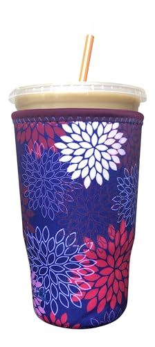 Image of Iced Coffee Sleeve, Insulated Neoprene Cup Sleeve, Fits a 32 Oz. Coffee Cup, Washable and Reusable, Iced Coffee Accessories, Large Midnight Mums