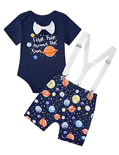 Baby Boy First One Year Old Birthday Outfit Infant First Trip Around The Sun Space Birthday Clothes Newborn 1St Year Space Themed Birthday Short Set (Dark Blue, 18M) #TOP4