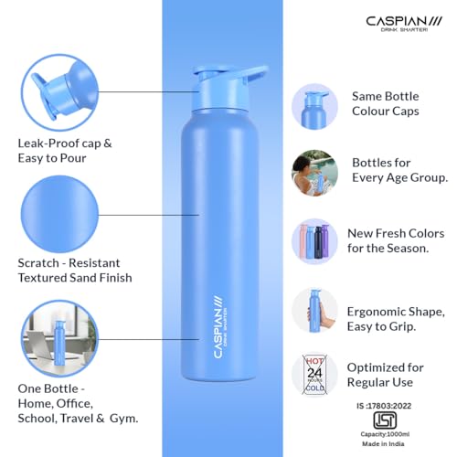 Image of CASPIAN / / / HIke ISI Certified Stainless Steel Water Bottle 1 ltr. (Capri Blue, 1 Litre) | Leak Proof Sipper for Fridge Home Office Travel School Kids Boys Girls Adults Sports Gym Yoga Gift|BPA Free