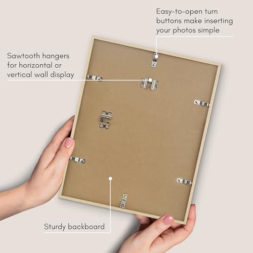 Americanflat 11x14 Picture Frame with Shatter-Resistant Glass - Streamline Collection - Thin Border Picture Frame for Wall Display - Hanging Hardware Included - Natural Oak