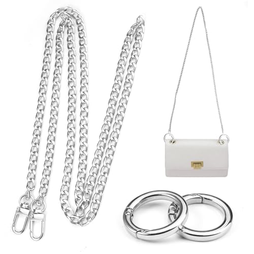 120cm Kettenriemen für Taschen Silber, Metall Taschenriemen Schulterriemen Kette Mit 2 O-Ring, Lang Trageriemen Kette Drehverschlüssen, Taschenersatzkette für Schultertaschen Geldbörse Handtaschen