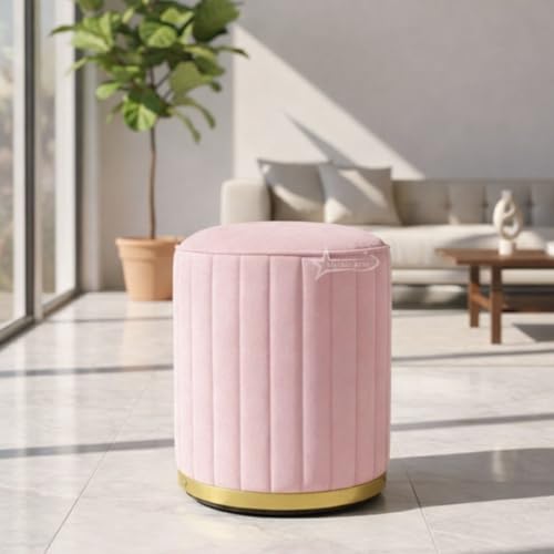 Image of Upholstered Round Linen Strip Stool Living Room Foot Rest Office Stool Pouf Ottoman Padded Seat - Pink