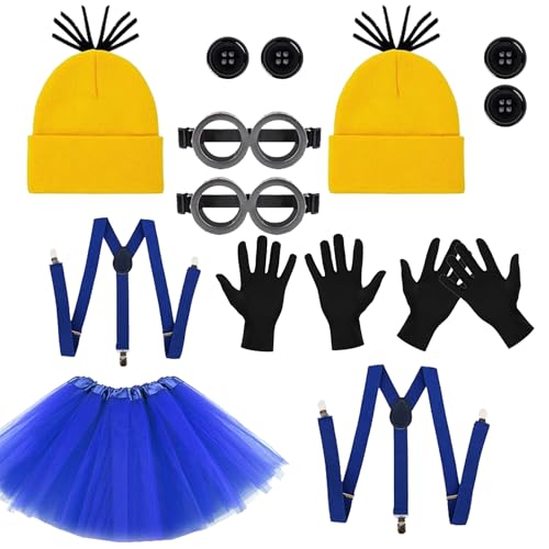 12 Pcs Halloween Cosplay Accessories Set for Adults Duo Yellow Beanie Blue Skirt Couples Families...