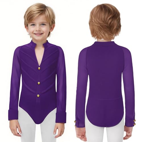 Yeahdor Boys Ballet Leotards Rumba Salsa Dance Shirts One Piece Ballroom Bodysuit Latin Romper Purple 15-16 Years