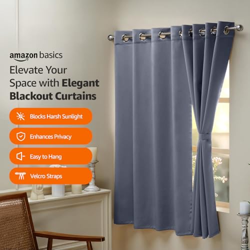 Image of amazon basics 100% Room Darkening Blackout Window Curtains - Set of 2, Plain Design for Bedroom and Living Room, 5 Feet, Grey