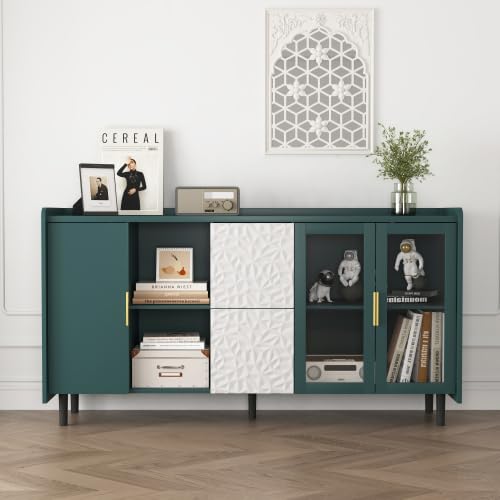 STAPERFO Buffet de cocina con puertas de cristal como barra de café, 2 cajones, aparador para salón y comedor, almacenamiento en verde, 150 x 40 x 80 cm