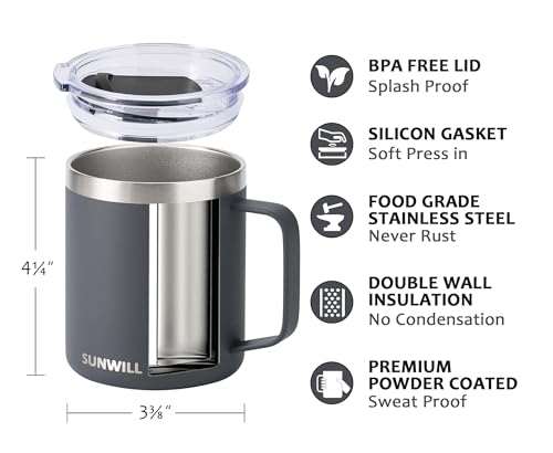 Image of SUNWILL Travel Coffee Mug with Lid, Insulated Tumbler with Handle, 14 oz Stainless Steel Cup for Home, Office, Camping, Powder Coated Charcoal