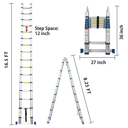 16.5 Ft Telescoping Ladder, Extension Ladder, A-Frame Portable Folding Ladder Aluminium Lightweight 330lb Load Capacity with Support Bar Anti-Slip