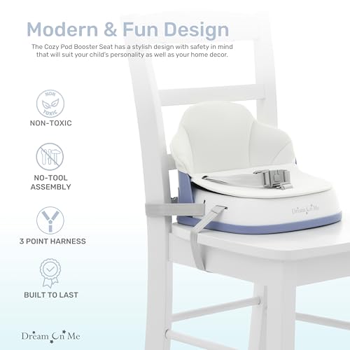 Image of Dream On Me Cozy Pod Baby Booster Seat for 6-36 Months, Portable Travel Booster Chair with 3-Point Safety Harness & 2 Fixing Belts, for Table & Dining, Lightweight Foldable & Easy to Carry - White