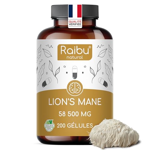 RAIBU - Lions Mane Champignon - 58 500 mg Extrait d’Hericium erinaceus 30:1 - Pour le Cerveau & le Bien-Être - Crinière de Lion avec Poivre Noir & Vitamine C - 30% en Polysaccharides, Sans Additifs