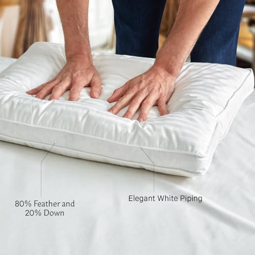 Washable Down and Feathers Pillows Standard Size - Premium Soft Pillow Authentic Canadian White Goose Down & Feather w/ 100% Cotton Cover for Comfort Luxury Experience - 650 Fill Power.