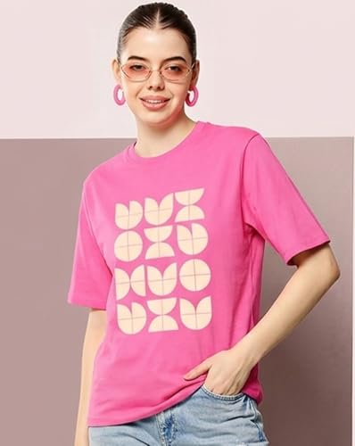 Image of Women's Typography Round Neck Cotton-Blend T-Shirts, Oversized Drop Shoulder Boho Style T-Shirt