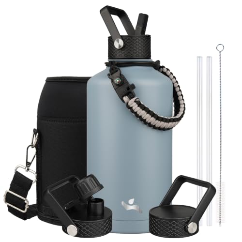 Image of Konokyo Insulated Water Bottle with Straw,87 oz 3 Lids Water Jug with Carrying Bag,Paracord Handle,Double Wall Vacuum Stainless Steel Metal Flask,Storm Blue