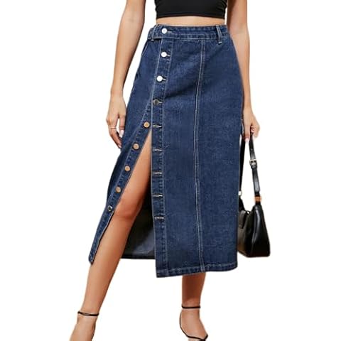 Atditama Casual Slit Denim Midi Jean Skirt Button Up Stretch High Waist Cargo Style Casual Skirts with Side Big Pockets Blue US 18 Cover