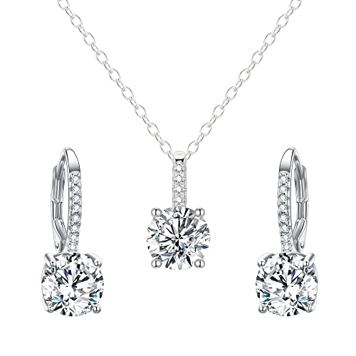 EVER FAITH Bridal Wedding Jewelry Set, 925 Sterling Silver Sparkly Round Cut White CZ Birthstone Hypoallergenic Engagement Necklace Earrings Set