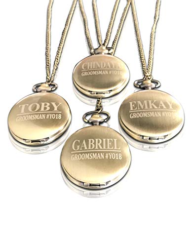 Gold Custom Engraved Pocket Watches - Set of 4 Gift Set Weddings - Groomsmen Personalized Watches with Chain, Engraving and Box Included (Gold Polished)