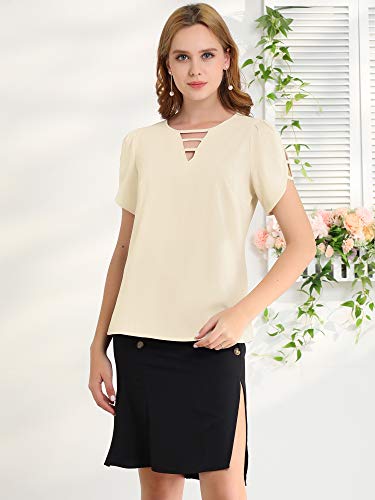 Allegra K Women's Cutout Round Neck Cap Sleeve Casual Top Large Ivory #TOP2