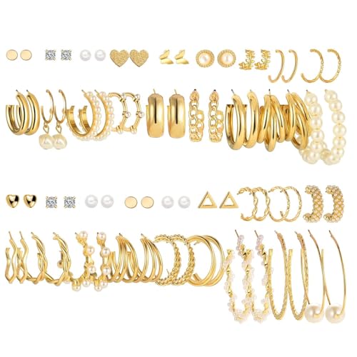 DAVBNM 36 Pairs Gold Earrings Set for Women Girls Hoop Earrings Set Boho Drop Dangle Earring Pack Fashion Pearl Multipack Stud Huggie Earings Stacks for Multiple Piercing Dainty Statement Earring