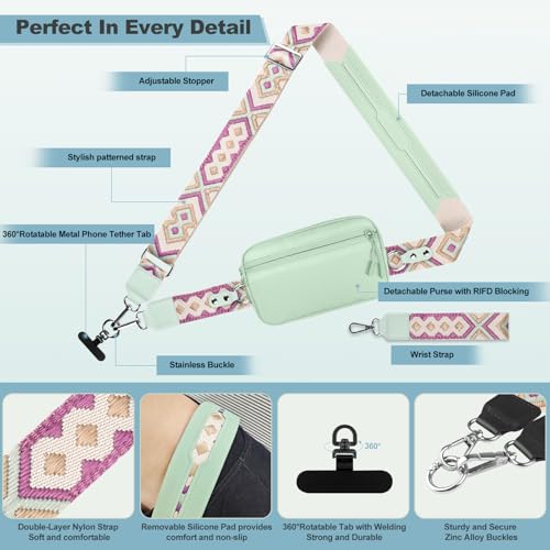 Image of YFWE Clip and Go Strap for Phone with Wallet Crossbody, Adjustable Phone Lanyard with Detachable RFID Wristlet Wallet, Pattern Strap - Green (L)