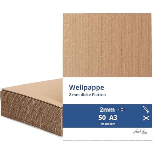 50 Wellpappe A3 | 2mm dick A3 Karton (42 x 29,7 cm) | karton zum basteln und Verpacken | Wellkarton 2mm | Cardboard corrugated