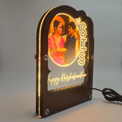 Image of lampees Personalised Happy Rakshabandhan LED Photo Frame, 200x150 mm | UV Printed Acrylic, Soft LED Backlight, Wood Frame Base, USB Powered, Sibling Keepsake