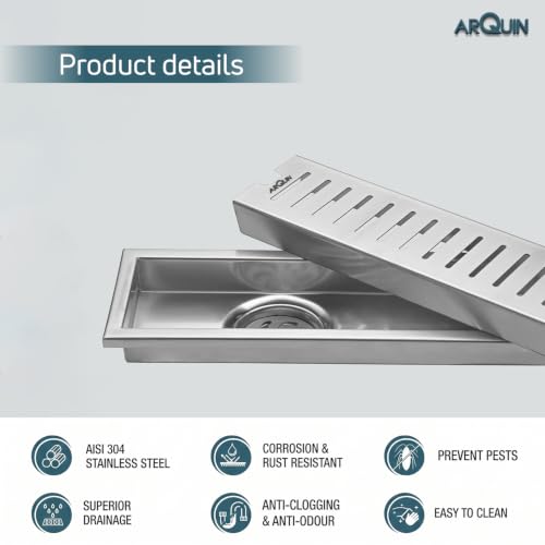 Image of ARQUIN Floor Drainer 24x4 Inch Shower Drain Channel 304 Grade Stainless Steel Bathroom Floor Drainer | Shower Water Drain Jali Channel for Bathroom with Cockroach Trap (1mm Thickness)