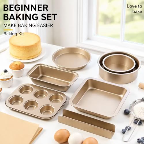 5-Piece Gold Nonstick Carbon Steel Bakeware Set, 8.9-Inch Square Pan, 9-Inch Pizza Pan, 8-Inch Round Cake Pan, 9.8-Inch Loaf Pan and 6-Cup Muffin Pan for Cakes, Bread, Pizza and Cupcakes - Image 8