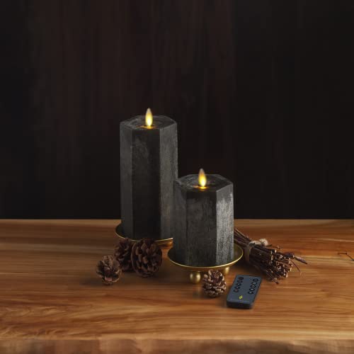 Luminara Set Of 2 Hexagon Flameless Moving Flame Candles (3.5" Width X 4.5" And 6.5" Tall) Unscented Real Wax Pillar, Timer And Remote Included (Black) #TOP1