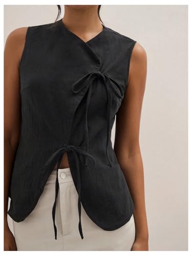 Milumia Women's Bow Tie Tank Top Wrapped Sleeveless Split Hem Summer Causual Linen Vest Tops4