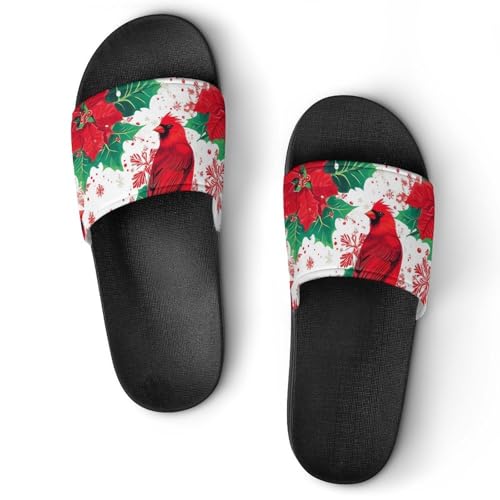Cardinal Bird Poinsettias Shower Slippers for Women Men Casual Non-Slip Slide Sandals Beach Bathroom Shoes