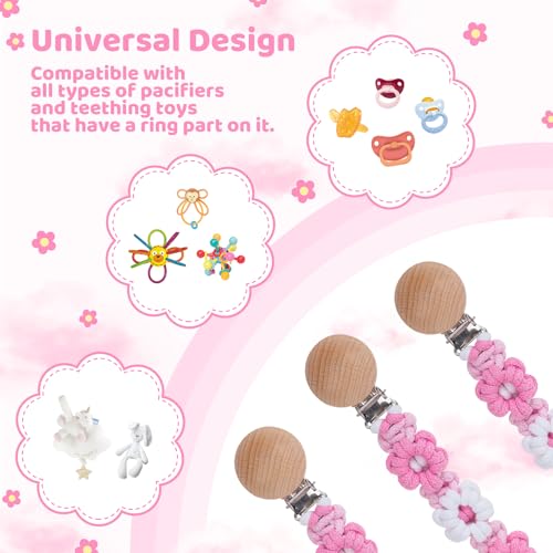 Image of Pacifier Clip for Boys Girls Floral Daisy Macrame Baby Paci Clip Pacifier Holder Leash Boho Wooden Clips Handmade Braided Cotton Binky Clips (1pack:Pink Daisy A)