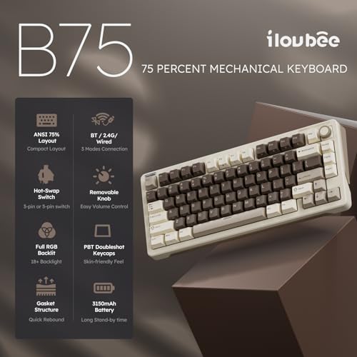 Image of iLovBee B75 Wireless Mechanical Keyboard, 75% Percent Gaming Keyboard w /Bluetooth /2.4GHz /USB Wired, Creamy Hot Swappable Keyboards with Knob, Gasket Mounted PBT keycaps, Pre-Lubed Linear Switches