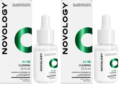Image of Novology Acne Clearing Serum, 0.1% Thymol & Terpineol, Niacinamide, Pimples, Whiteheads, Blackheads, Excess Sebum, Sensitive Skin, Non Irritant, Clinically Proven, Fragrance Free, Dermat Tested - 10ml