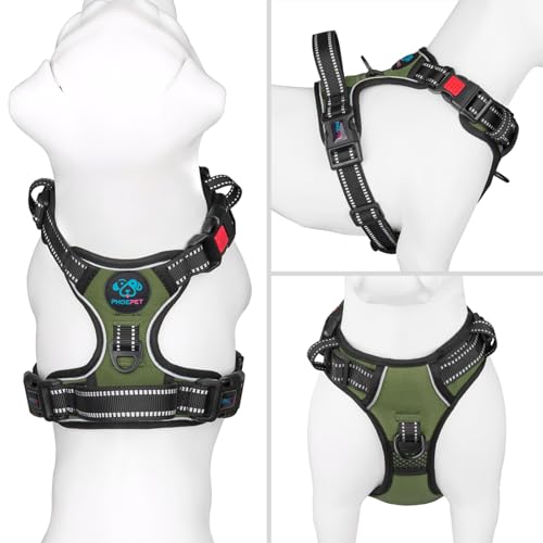 Image of PHOEPET No Pull Dog Harness with Handle Front & Back Clip, Easy on Lockable Snap Buckle at Neck, Adjustable Reflective Vest with Handle for Small Medium Large Dogs (S, Misty Green)