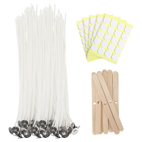 JEAWIWI 100 Pcs Cotton Candle Wicks, 10 in, with Wick Stickers & Holders