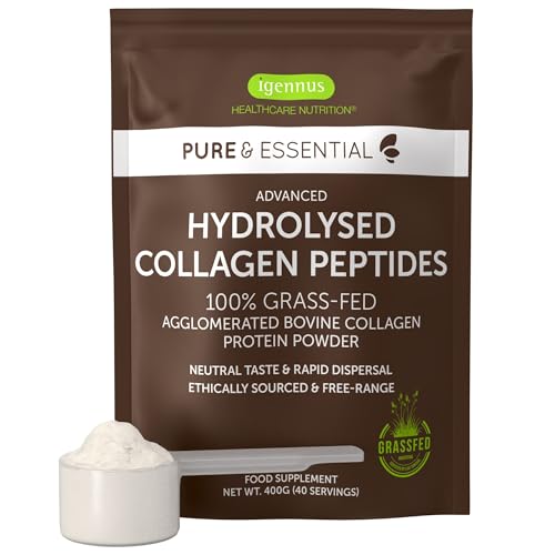 Igennus 100% Collagene Idrolizzato Proveniente da Bovini Allevati ad Erba, Peptidi di Collagene per Produrre Tipo 1, 2 e 3, 400gr, Grass Fed, in Polvere e Non Aromatizzato, Non-OGM, 40 porzioni