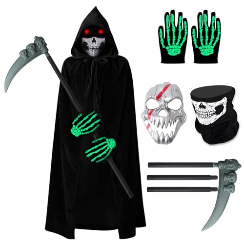 HAASIKI Traje de Sensenmann para homem, mulher, adulto com máscara de crânio, luvas, assustadora, fantasia de Halloween, capa de veludo preto com capuz, para homens, mulheres, adolescentes