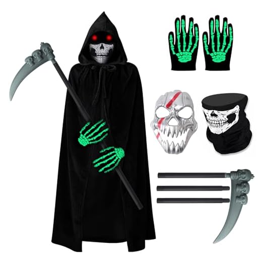 HAASIKI Disfraz de Sensenmann para hombre, mujer, adulto con máscara de cráneo, guantes, espeluznante, disfraz de Halloween, capa de terciopelo negro con capucha, para hombres, mujeres, adolescentes