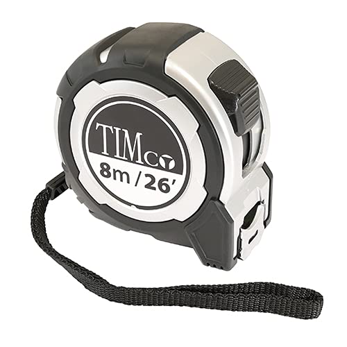 TIMCO 8M Tape Measure - 8m/26ft x 25mm - With locking button, belt clip and hand strap - Metric and Imperial tape measure