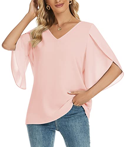 Funlingo Women's 3/4 Ruffled Sleeve Tops Dressy Casual Summer Chiffon Blouses Flowy Loose V Neck Shirts Pink X-Large #TOP2