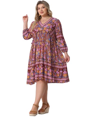 Image of Agnes Orinda Plus Size Summer Dress for Women Casual Boho Floral V Neck 3 /4 Sleeve Midi Short Beach Dress